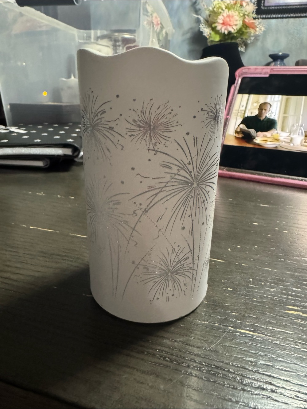 Source Unknown White Ceramic Vase with Silver Firework Motif